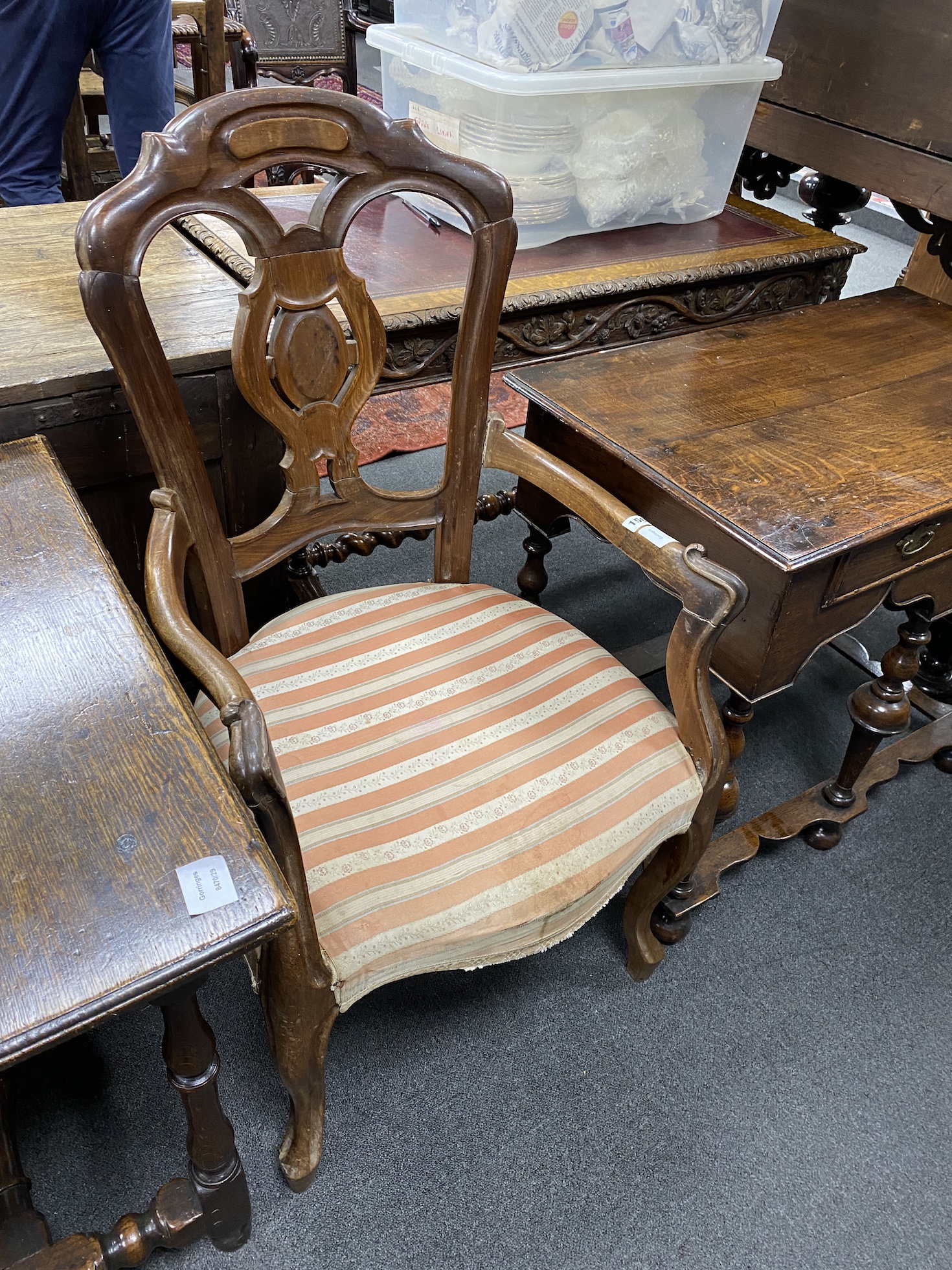 A pair of French elbow chairs, width 55cm, height 104cm